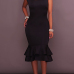 Euramerican Round Neck Falbala Design Black Polyester Sheath Mid Calf Dress