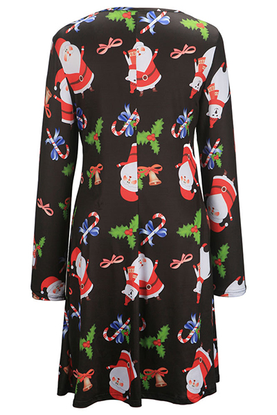 Euramerican Round Neck Long Sleeves Christmas Theme Printed Black Polyester Knee Length Dress