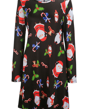 Euramerican Round Neck Long Sleeves Christmas Theme Printed Black Polyester Knee Length Dress