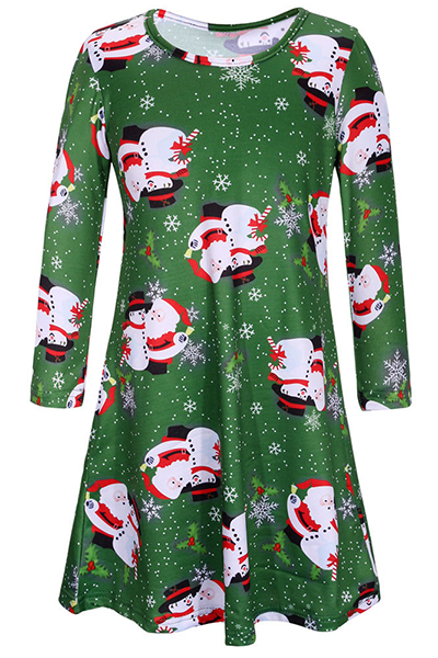 Euramerican Round Neck Long Sleeves Christmas Theme Printed Green Polyester Knee Length Dress