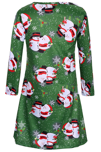 Euramerican Round Neck Long Sleeves Christmas Theme Printed Green Polyester Knee Length Dress