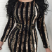 Euramerican Round Neck Sequined Decorative Striped Gold Polyester Mini Dress