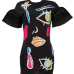 Euramerican Round Neck Short Sleeves Printed Black Polyester Sheath Mini Dress