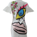 Euramerican Round Neck Short Sleeves Printed White Polyester Sheath Mini Dress