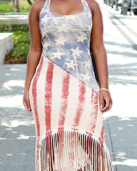 Euramerican U-shaped Neck Sleeveless National Flag Printed Qmilch Sheath Mid Calf Dress