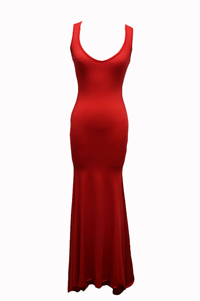 Euramerican U-shaped Neck Sleeveless Red Cotton Blend Sheath Floor Length Dress