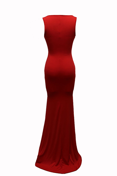 Euramerican U-shaped Neck Sleeveless Red Cotton Blend Sheath Floor Length Dress