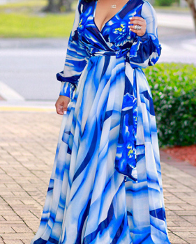 Euramerican V Neck Long Sleeves Digital Printing Blue Twilled Satin Floor Length Dress