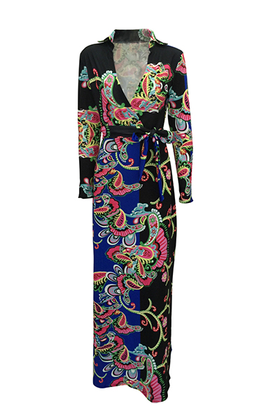 Euramerican V Neck Long Sleeves Floral Print Blue Healthy Fabric Floor Length Dress