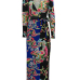 Euramerican V Neck Long Sleeves Floral Print Blue Healthy Fabric Floor Length Dress