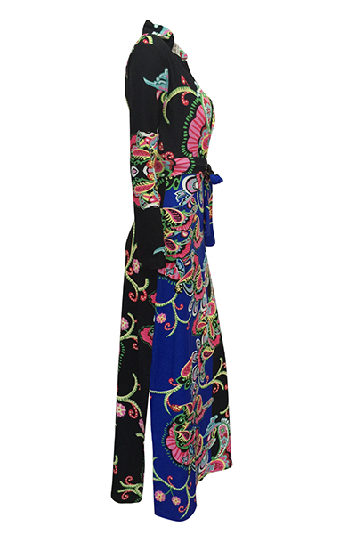 Euramerican V Neck Long Sleeves Floral Print Blue Healthy Fabric Floor Length Dress