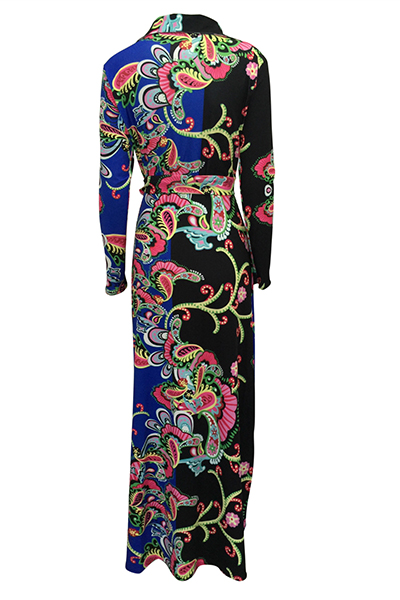 Euramerican V Neck Long Sleeves Floral Print Blue Healthy Fabric Floor Length Dress