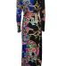 Euramerican V Neck Long Sleeves Floral Print Blue Healthy Fabric Floor Length Dress