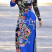 Euramerican V Neck Long Sleeves Floral Print Blue Healthy Fabric Floor Length Dress