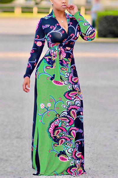 Euramerican V Neck Long Sleeves Floral Print Cotton Floor length Dress