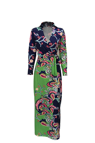 Euramerican V Neck Long Sleeves Floral Print Cotton Floor length Dress