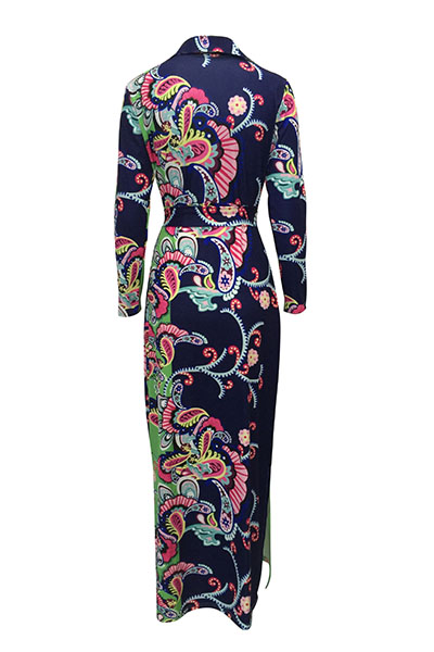 Euramerican V Neck Long Sleeves Floral Print Cotton Floor length Dress