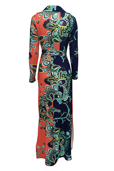 Euramerican V Neck Long Sleeves Floral Print Orange Healthy Fabric Floor Length Dress