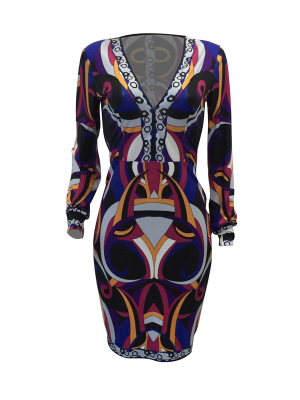 Euramerican V Neck Long Sleeves Printed Purple Polyester Knee Length Dress(Without Belt)