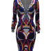 Euramerican V Neck Long Sleeves Printed Purple Polyester Knee Length Dress(Without Belt)