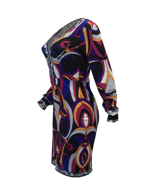 Euramerican V Neck Long Sleeves Printed Purple Polyester Knee Length Dress(Without Belt)