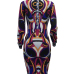 Euramerican V Neck Long Sleeves Printed Purple Polyester Knee Length Dress(Without Belt)