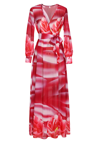 Euramerican V Neck Long Sleeves Printed Red Chiffon Floor Length Dress