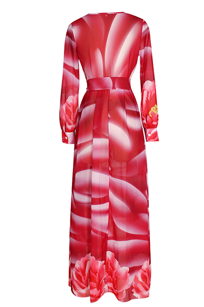 Euramerican V Neck Long Sleeves Printed Red Chiffon Floor Length Dress