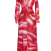 Euramerican V Neck Long Sleeves Printed Red Chiffon Floor Length Dress