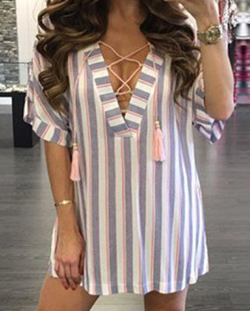 Euramerican V Neck Short Sleeves Striped Polyester Mini Dress