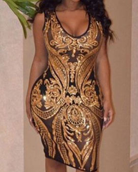 Euramerican V Neck Tank Sleeveless Sequins Decoration Gold Gauze Sheath Knee Length Dress