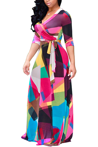 Euramerican V Neck Three Quarter Sleeves Digital Printing Healthy Fabric Floor Length Dress