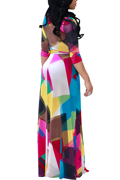 Euramerican V Neck Three Quarter Sleeves Digital Printing Healthy Fabric Floor Length Dress