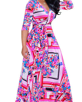 Euramerican V Neck Three Quarter Sleeves Digital Printing Pink Healthy Fabric Floor Length Dress