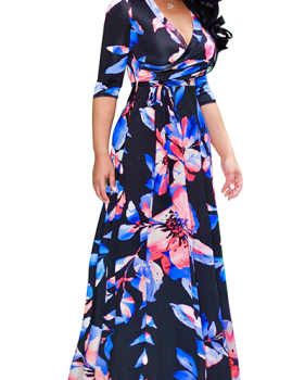 Euramerican V Neck Three Quarter Sleeves Floral Print Black Healthy Fabric Floor Length Dress