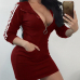 Euramerican V Neck Zipper Design Wine Red Cotton Blend Sheath Mini Dress