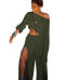 European and American fashion women's sexy one-shoulder long-sleeved solid color casual split pants suit nightclub #94961