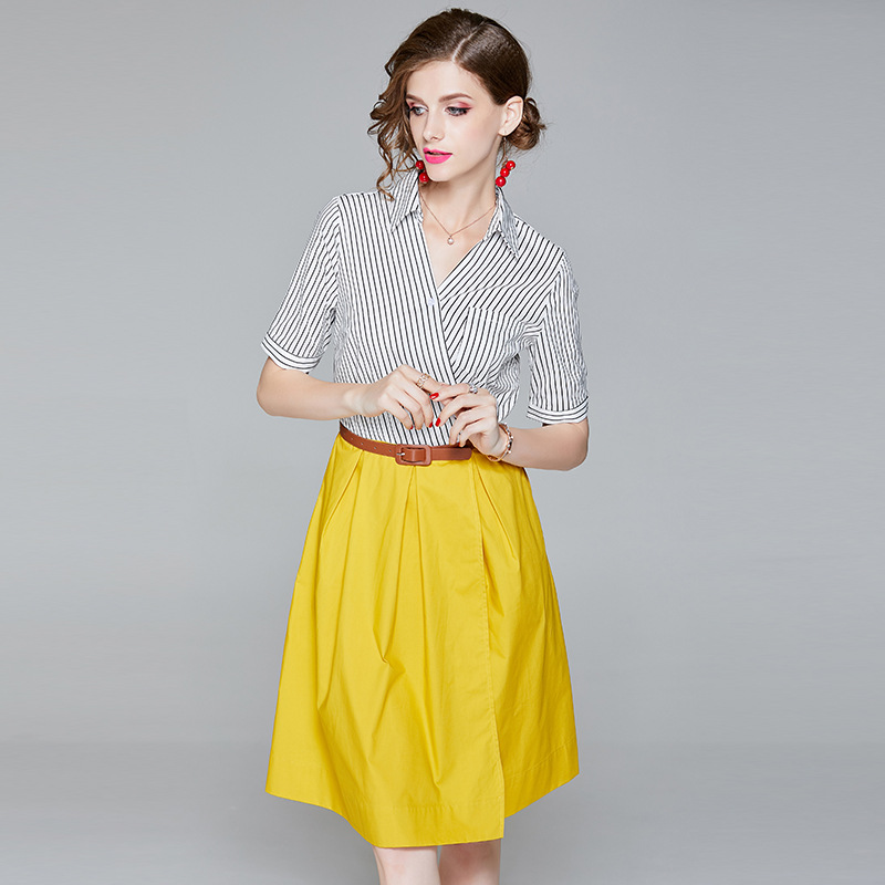 European station 2019 summer new women's temperament v-neck striped stitching a word skirt dress #94996