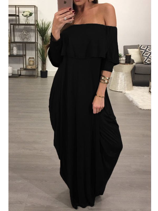 Fashion Dew Shoulder Falbala Design Black Cotton Blend Ankle Length Dress