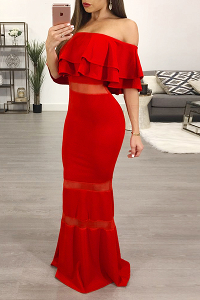 Fashion Dew Shoulder Falbala Design Red Polyester Sheath Floor length Dress