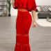 Fashion Dew Shoulder Falbala Design Red Polyester Sheath Floor length Dress