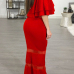 Fashion Dew Shoulder Falbala Design Red Polyester Sheath Floor length Dress