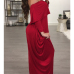 Fashion Dew Shoulder Falbala Design Wine Red Cotton Blend Ankle Length Dress