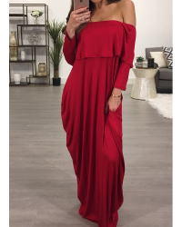 Fashion Dew Shoulder Falbala Design Wine Red Cotton Blend Ankle Length Dress