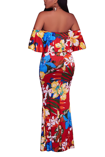 Fashion Floral Print Red Milk Fiber Ankle Length Dress