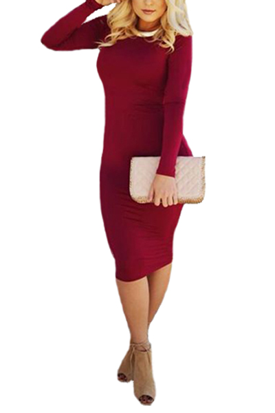 Fashion O Neck Long Sleeves Backless Red Spandex Sheath Knee Length Dress