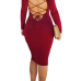 Fashion O Neck Long Sleeves Backless Red Spandex Sheath Knee Length Dress