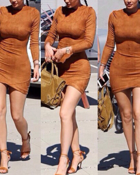 Fashion O Neck Long Sleeves Brown Sheath Mini Womens Dress