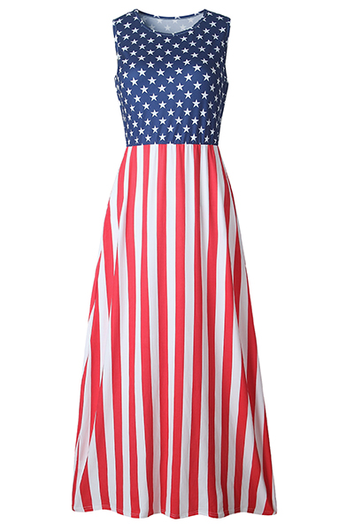 Fashion Round Neck Sleeveless Printed Patchwork Polyester Ankle Length Dress (Independence Day)