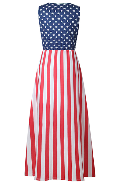 Fashion Round Neck Sleeveless Printed Patchwork Polyester Ankle Length Dress (Independence Day)